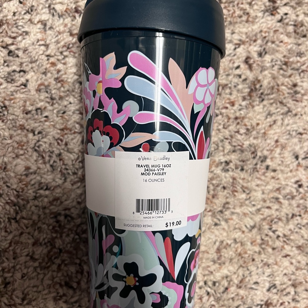 Vera Bradley Tumbler Travel Mug 16oz cup lid Mod Paisley Multi Color Pink Purple - Picture 2 of 4